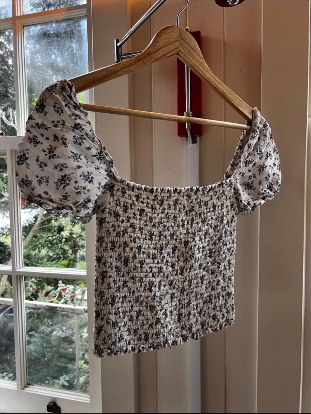 Reformation White Crop Top with Black Floral Print